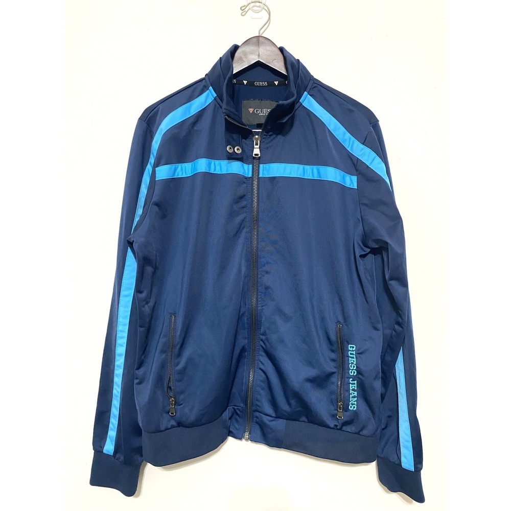 Guess Jeans Mens Large Navy Blue Track Jacket Striped Full Zip X3FQ0000000